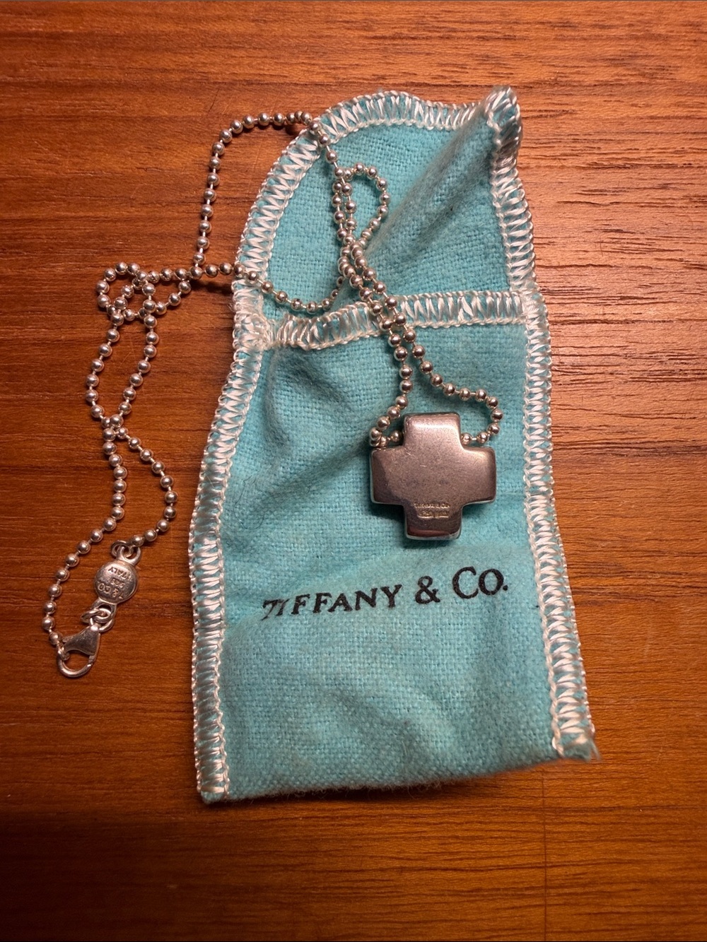 Tiffany & Co. Roman Cross Necklace Sterling Silver 925 Italy Ball Chain + Pouch